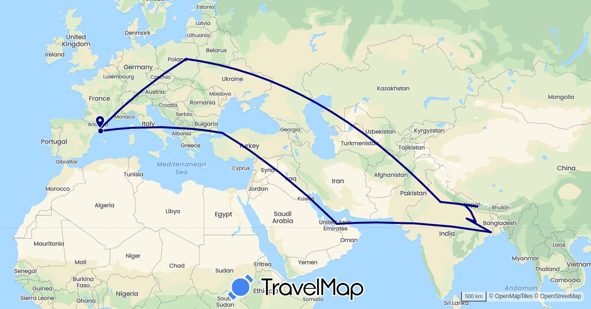 TravelMap itinerary: driving in United Arab Emirates, Spain, India, Nepal, Poland, Turkey (Asia, Europe)